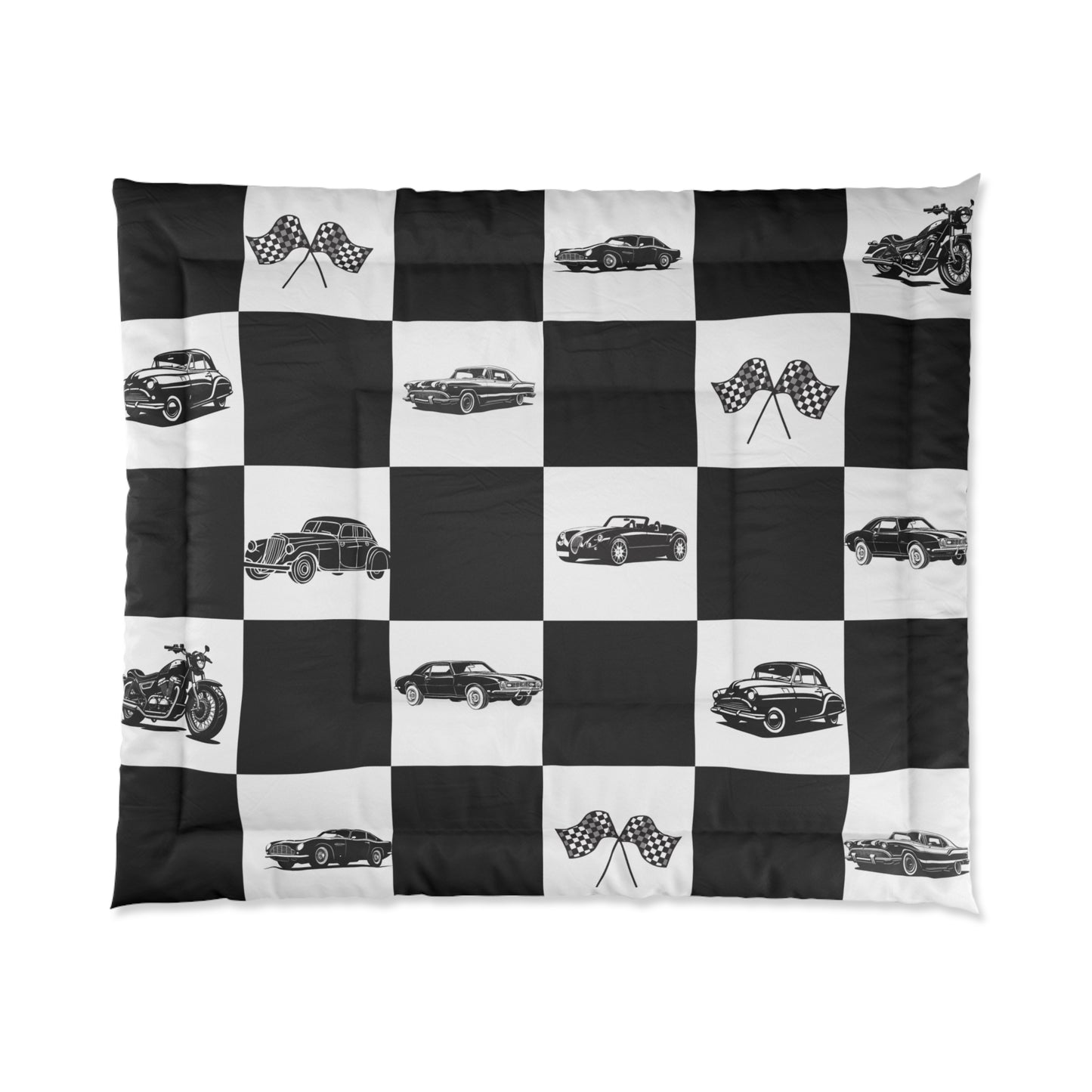 Classic Car Checkered Comforter — Vintage Muscle Cars & Racing Flags Bedding