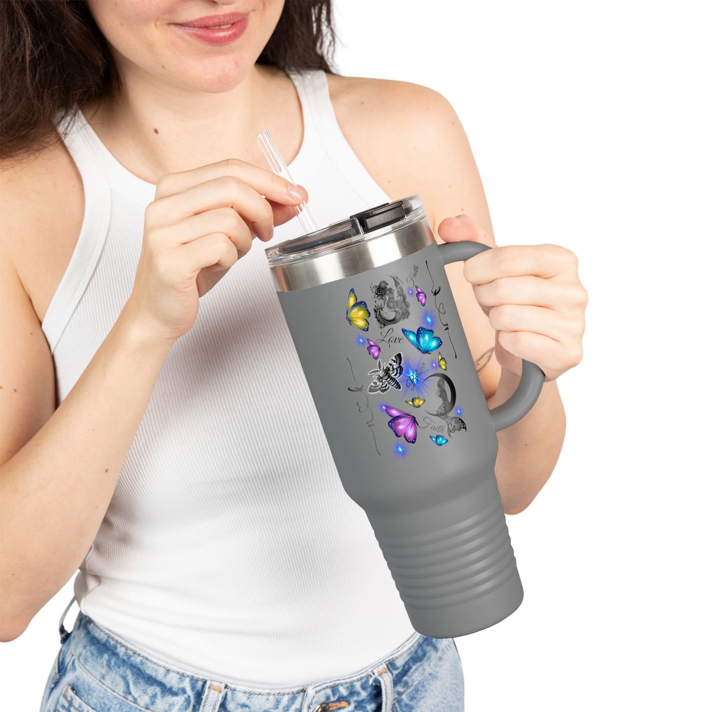40oz Insulated Travel Mug — Moon & Colorful Butterflies Design