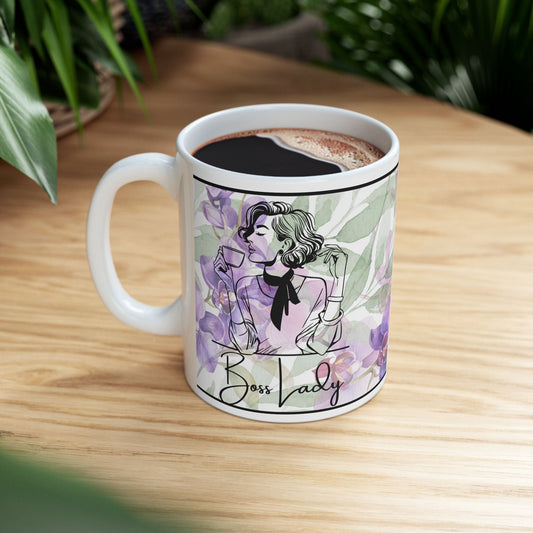 Boss Lady Floral Orchid Ceramic Mug — Purple Watercolor Flowers Coffee Cup (11oz & 15oz)