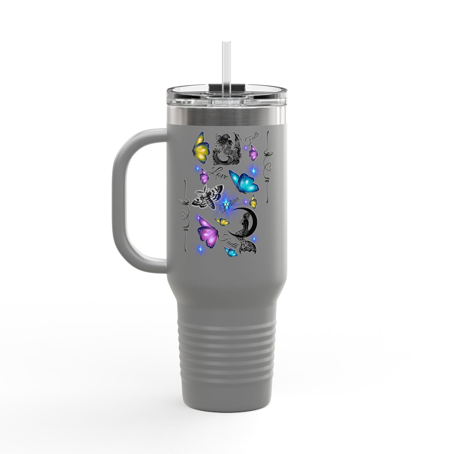 40oz Insulated Travel Mug — Moon & Colorful Butterflies Design