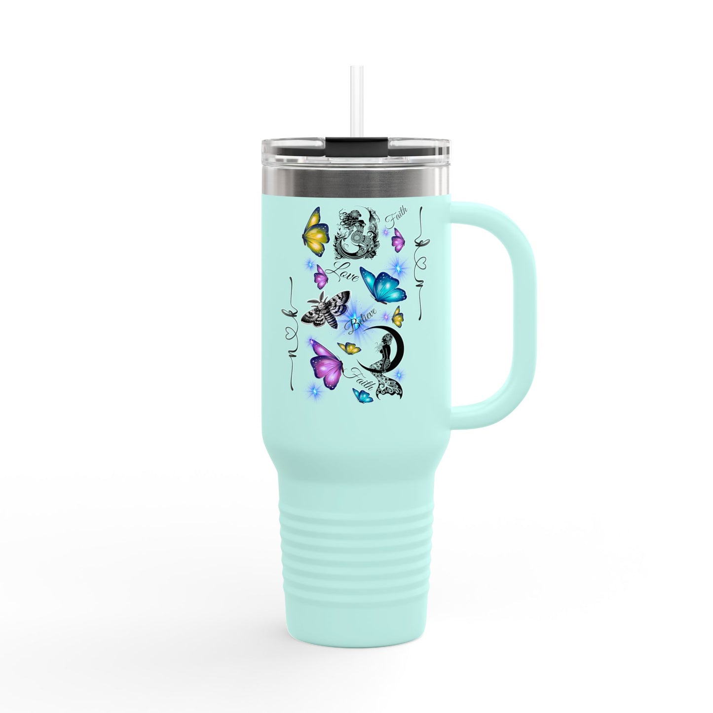 40oz Insulated Travel Mug — Moon & Colorful Butterflies Design