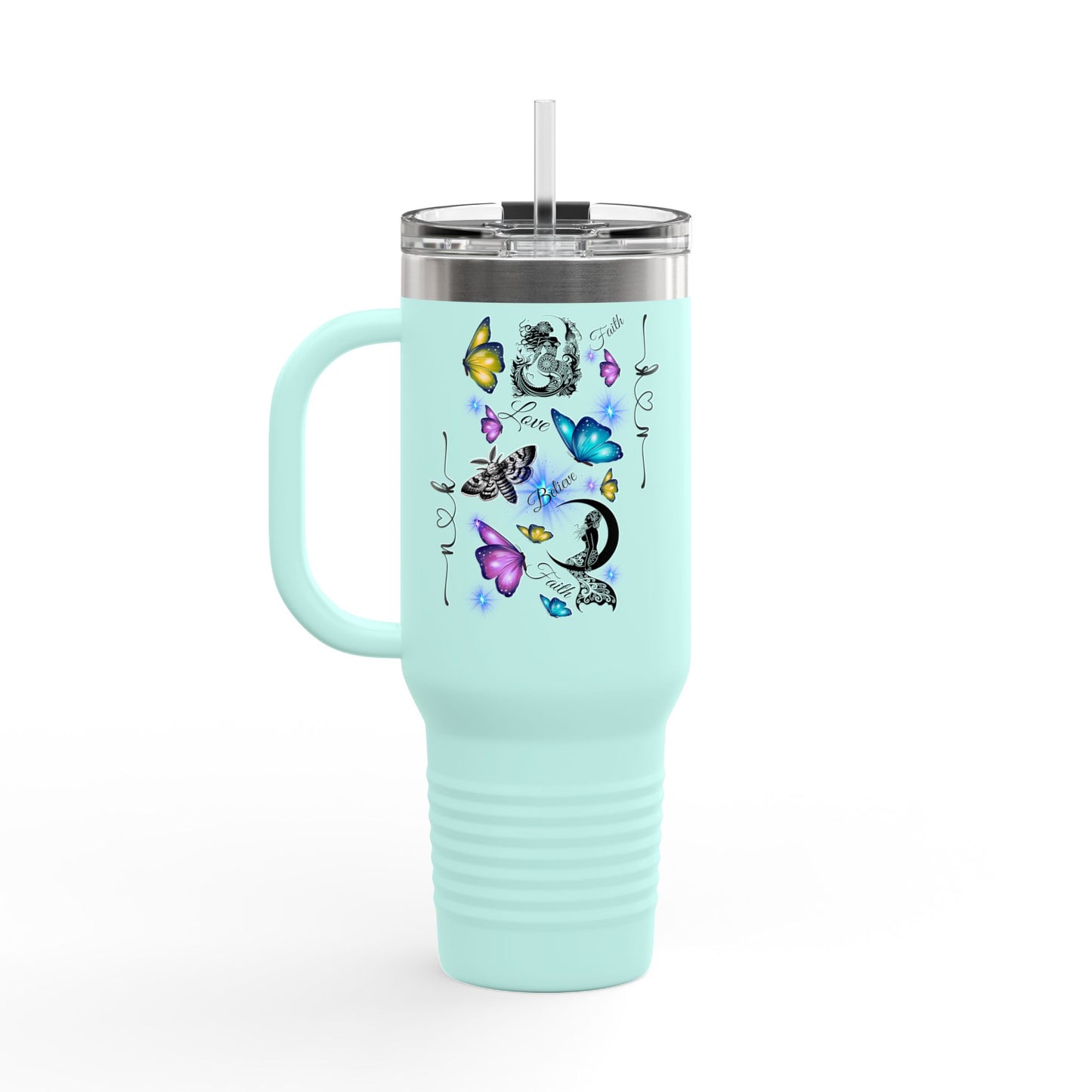 40oz Insulated Travel Mug — Moon & Colorful Butterflies Design
