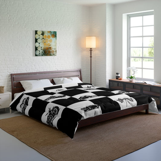Classic Car Checkered Comforter — Vintage Muscle Cars & Racing Flags Bedding