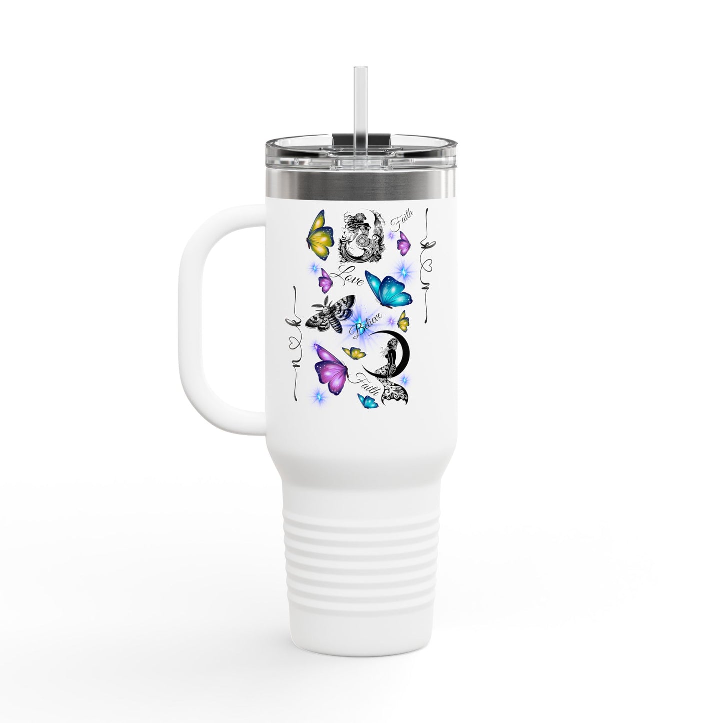 40oz Insulated Travel Mug — Moon & Colorful Butterflies Design