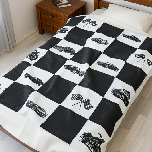 Vintage Racing Checkered Velveteen Plush Blanket – Classic Cars & Flags Throw