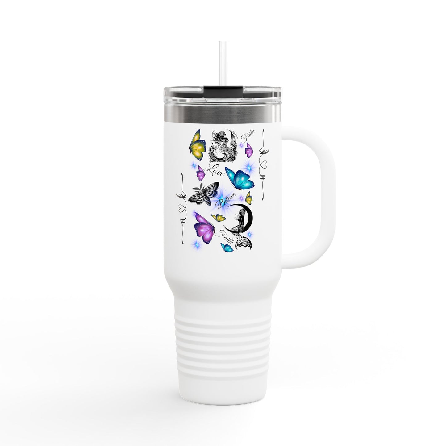 40oz Insulated Travel Mug — Moon & Colorful Butterflies Design