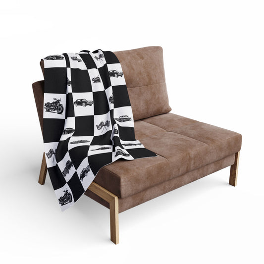 Racing Checkered Fleece Blanket — Vintage Cars & Flags Throw