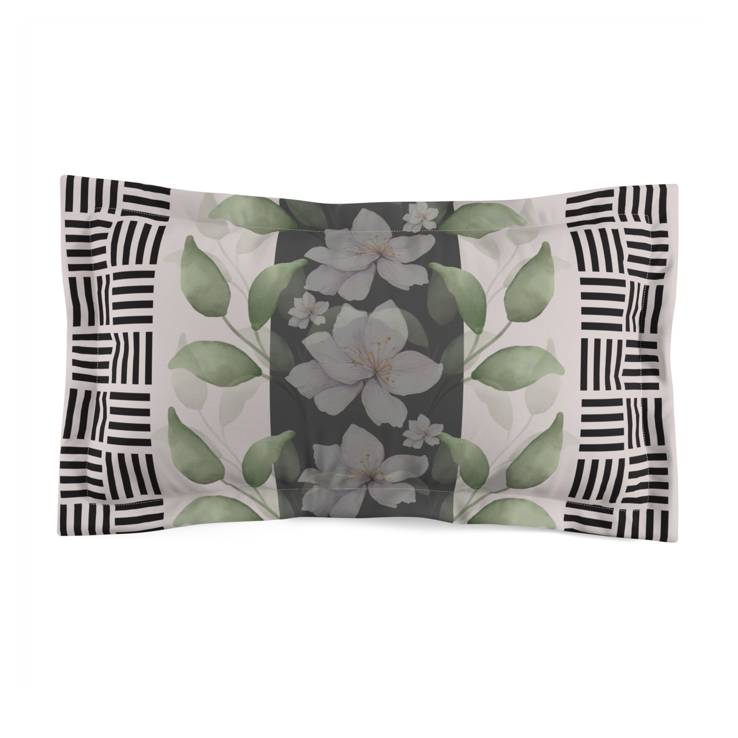 Floral Magnolia Pillow Sham — Black & White Geometric Border Microfiber