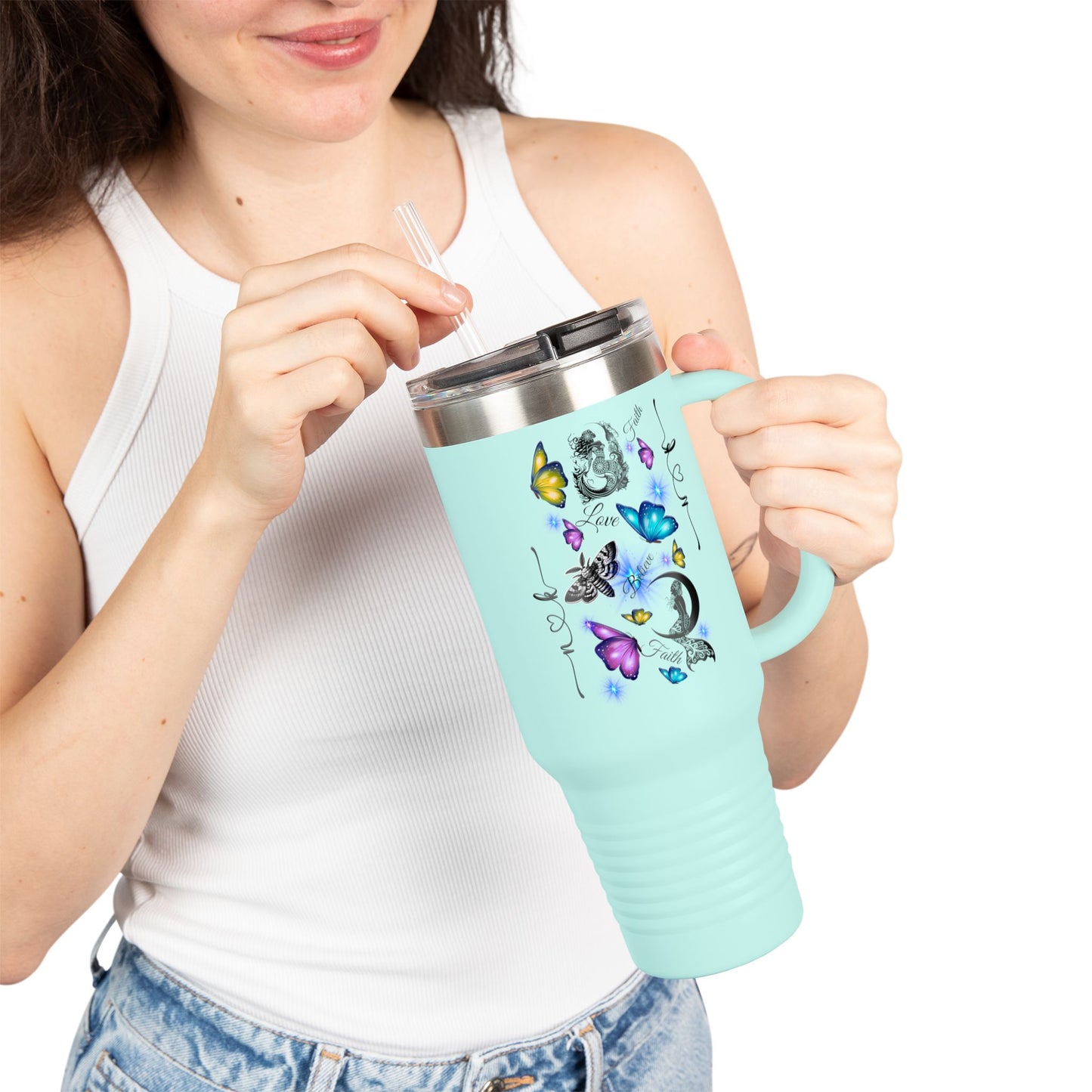 40oz Insulated Travel Mug — Moon & Colorful Butterflies Design